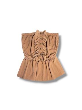 Tan Strapless Bubble Ruffle Hem Faux Button Tube Top XXL Janette Plus 2000s Y2K